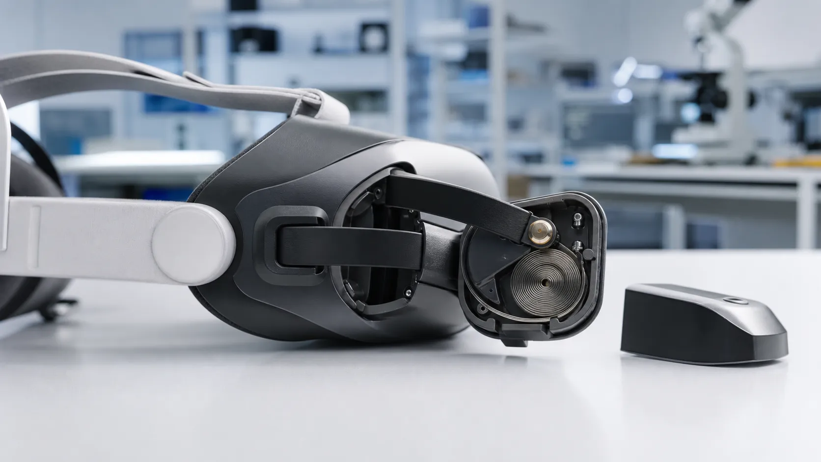 Cable spring mechanism managing a retractable cable in a VR headset accessory
