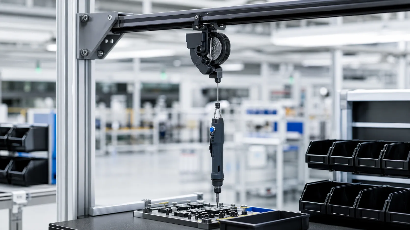 Constant force spring mechanism supporting an ergonomic tool balancer in an industrial workstation