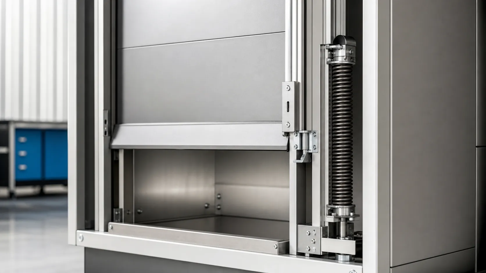 Constant force spring assisting a vertical sliding door in compact equipment