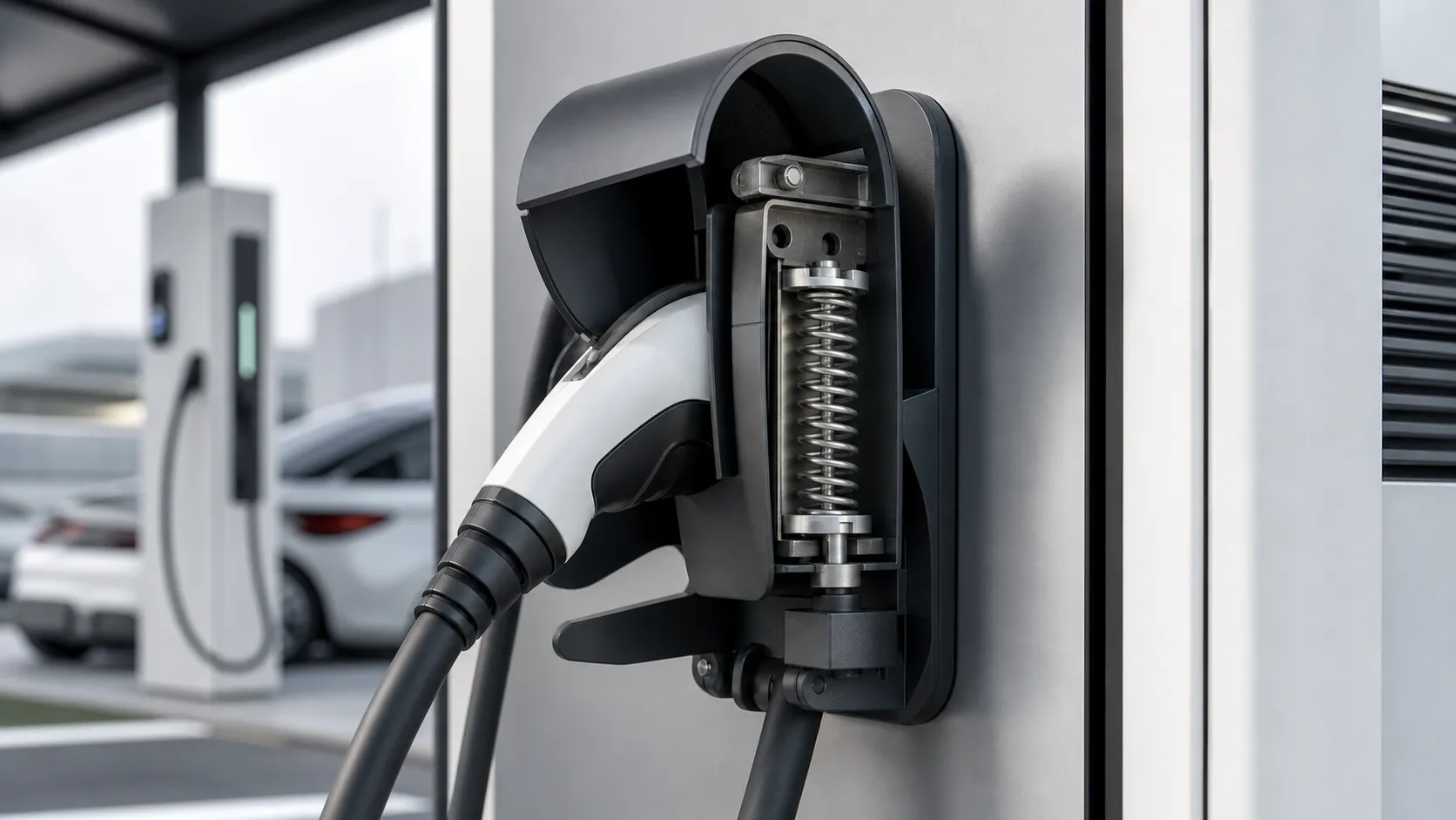 Custom spring mechanism supporting an EV charging cable holder and docking cover