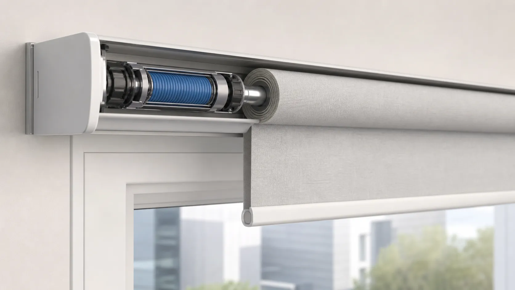 Power spring inside a compact curtain blind return mechanism