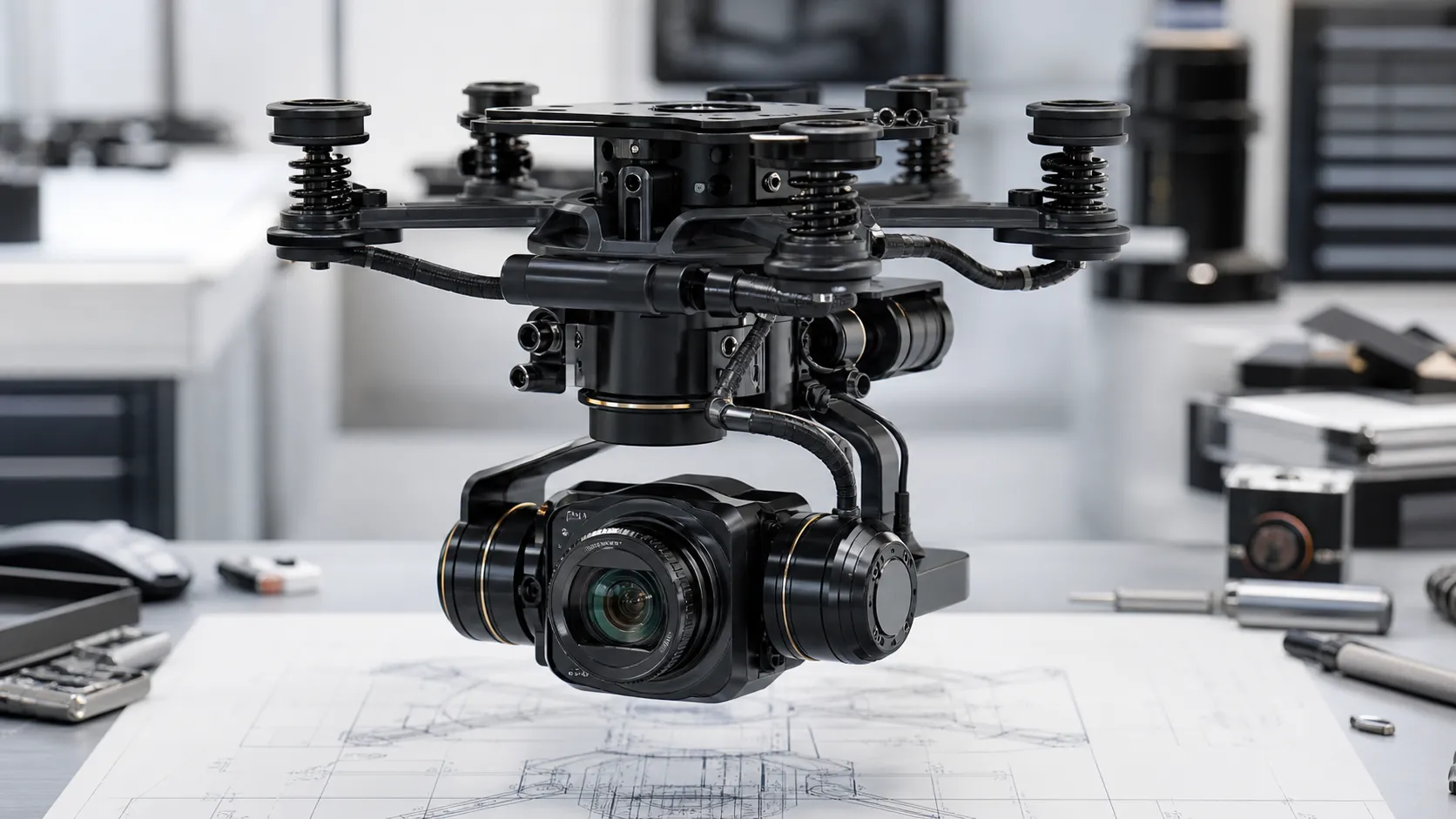 Custom spring mechanism used in a drone gimbal and camera stabilizer assembly
