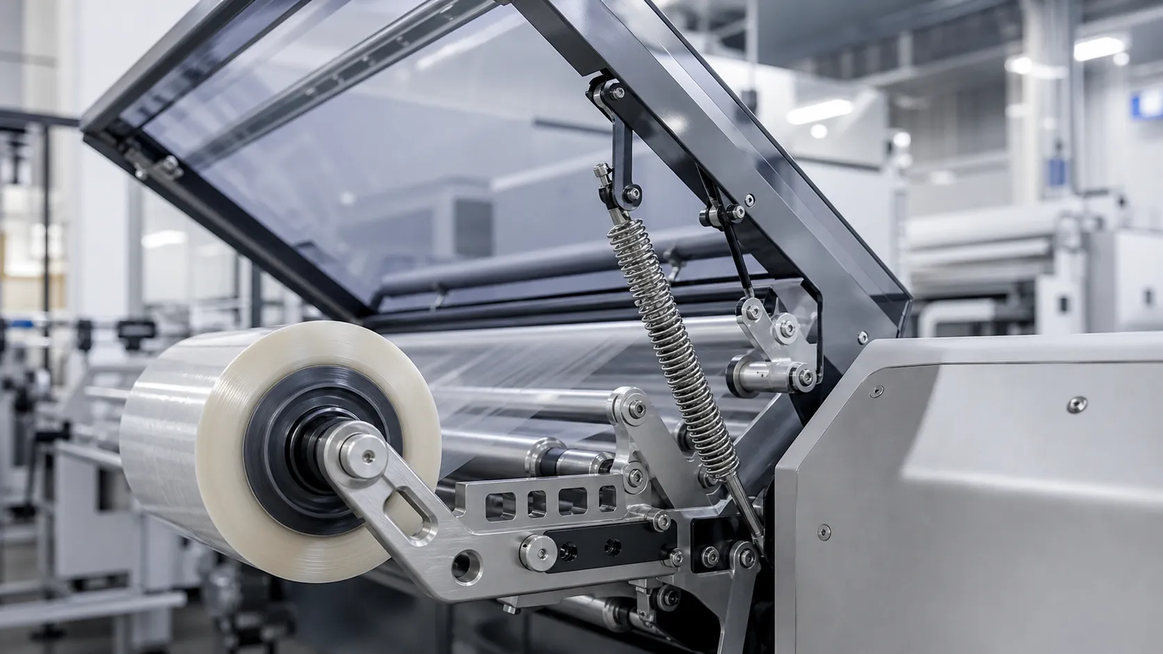 Custom spring mechanism used for film tension and cover return in packaging machinery