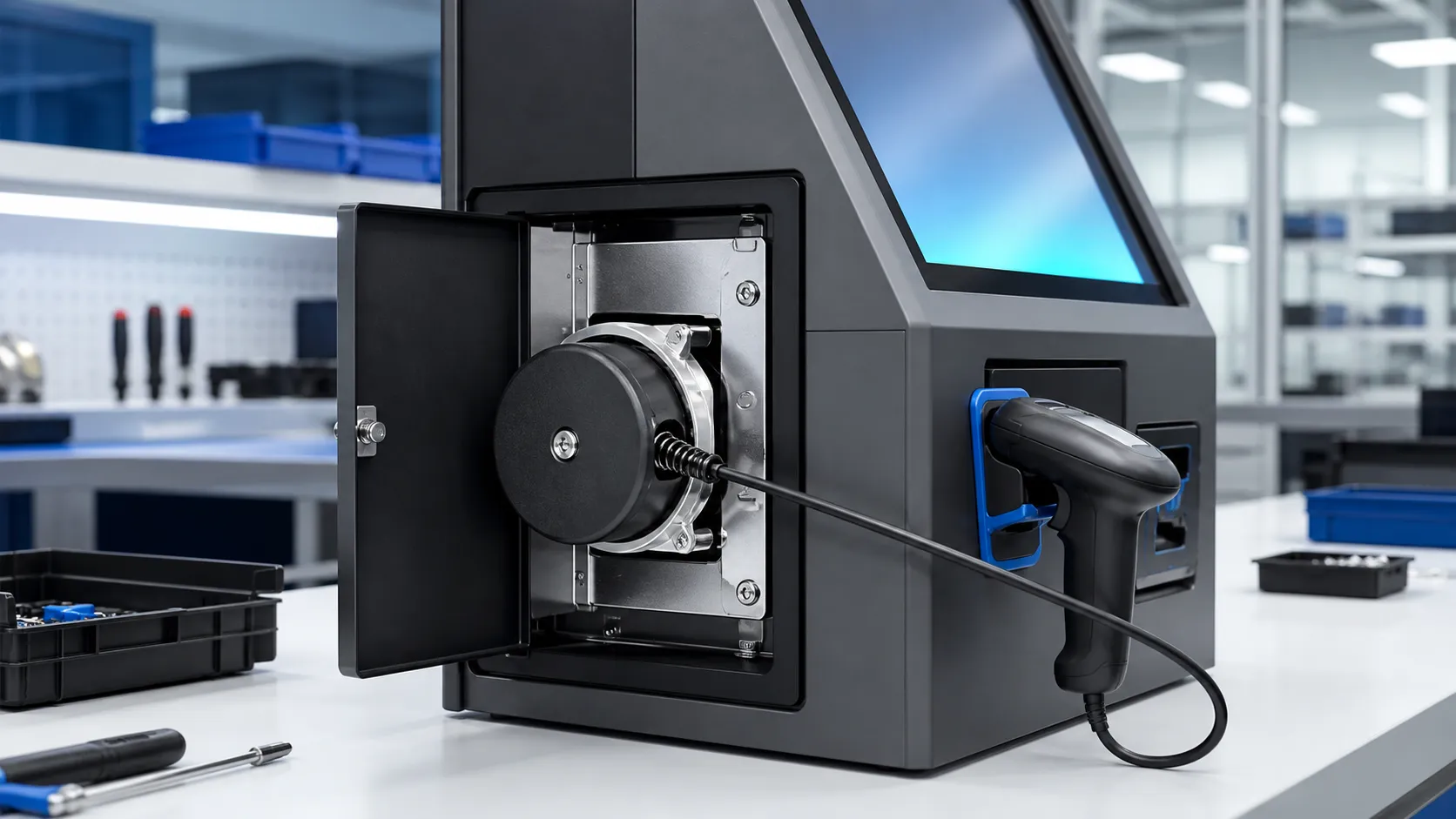 Retractable cable spring module for a self service kiosk scanner cable