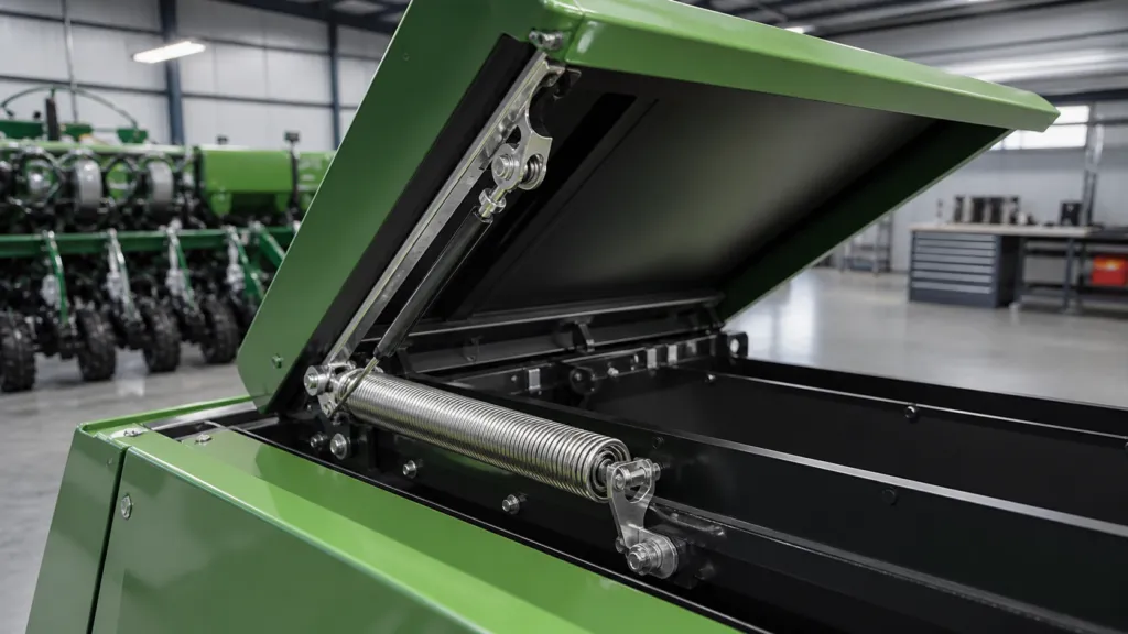 Constant force spring lift assist mechanism on an agricultural equipment access cover