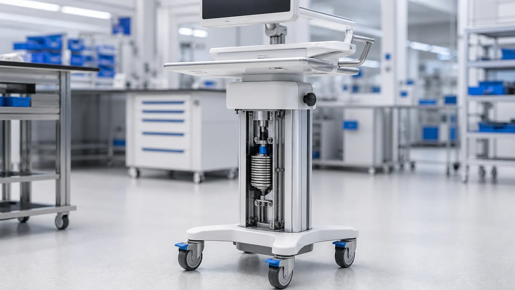 Constant force spring lift assist mechanism inside a height adjustable medical cart column