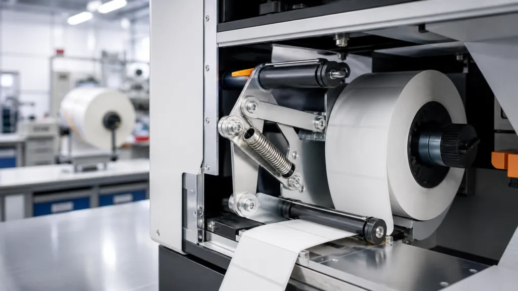 Constant torque spring controlling tension in an industrial label printer media path