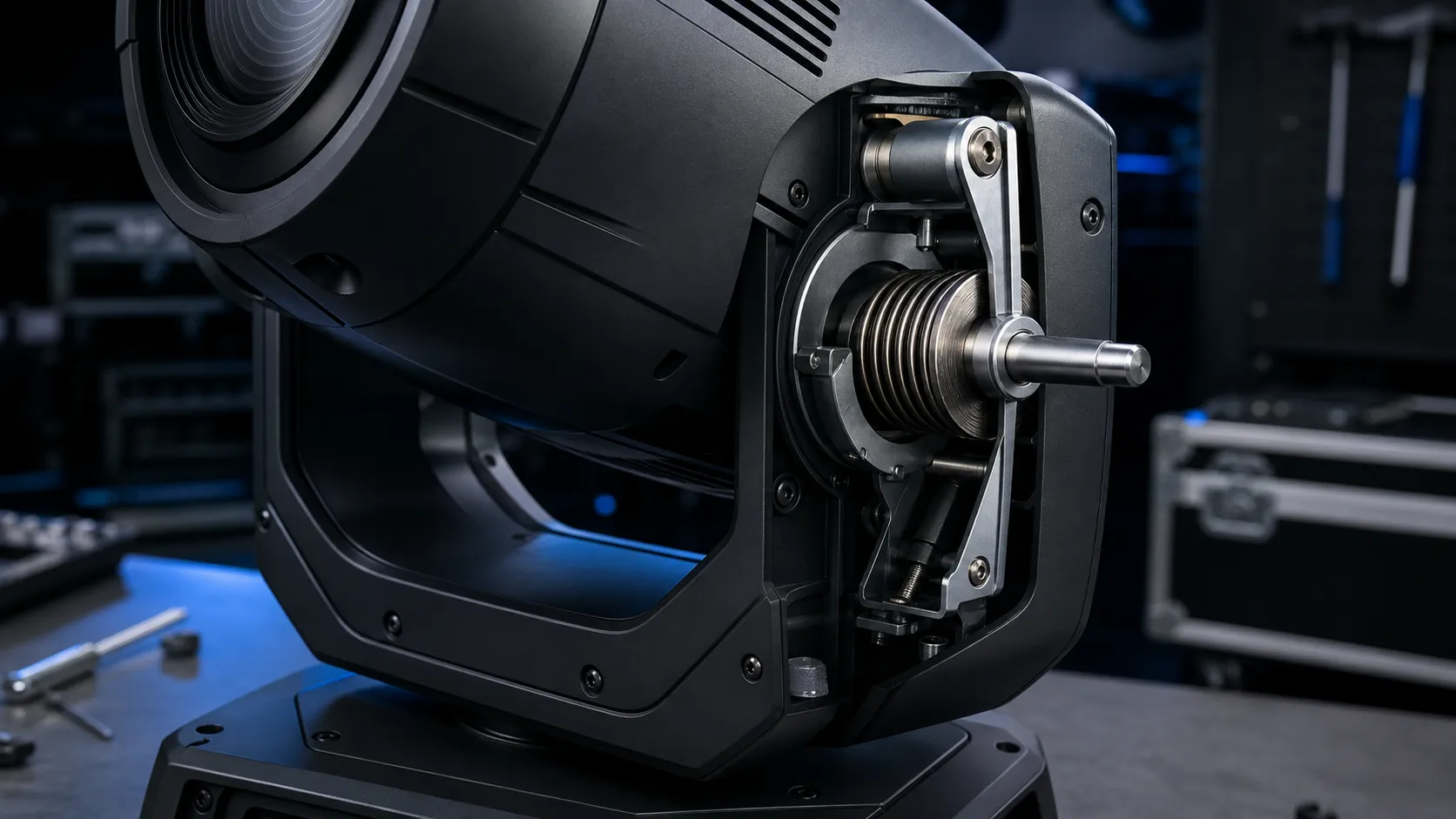 Constant torque spring inside a stage lighting tilt mechanism