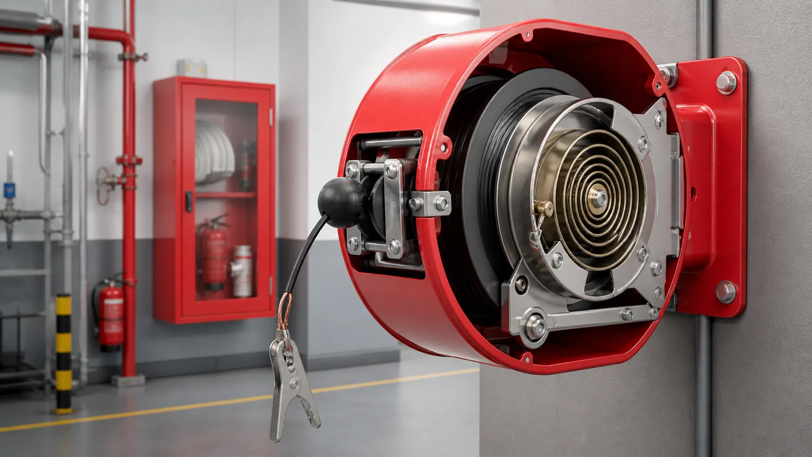 Power spring mechanism inside a safety grounding cable reel