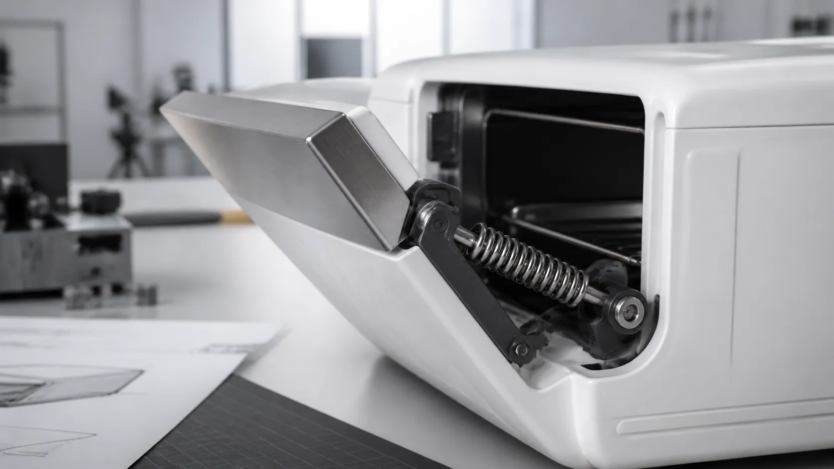 Power spring return mechanism inside a small appliance door hinge