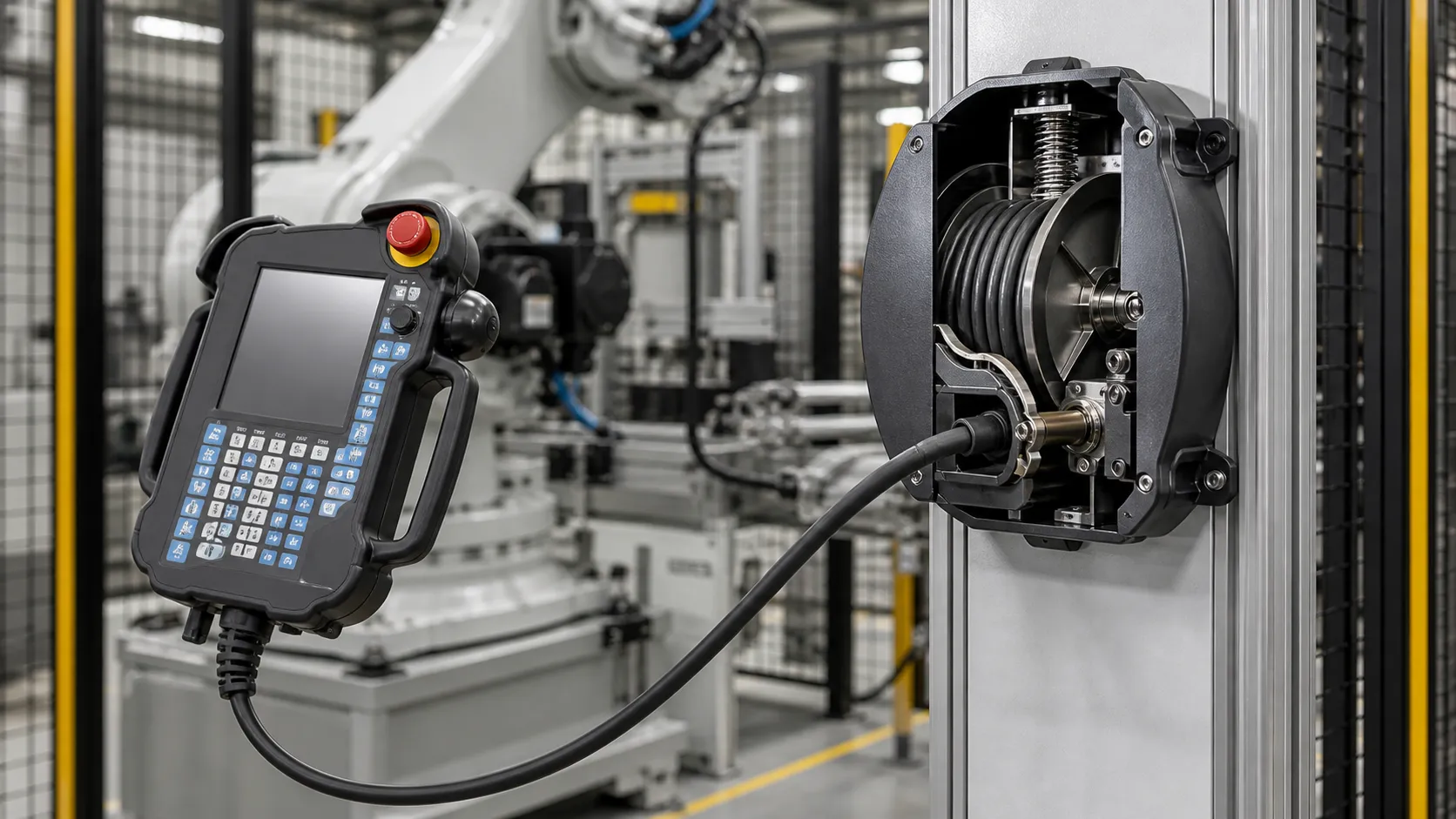 Cable spring retractor managing an industrial robot teach pendant cable
