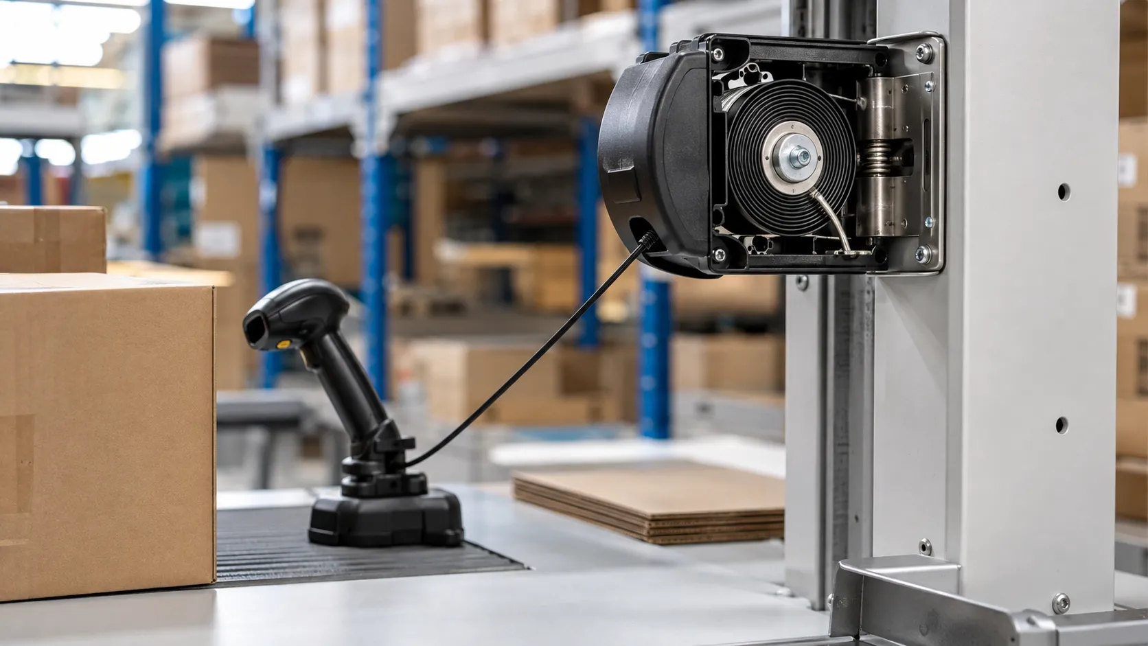 Retractable cable spring module connected to a warehouse barcode scanner