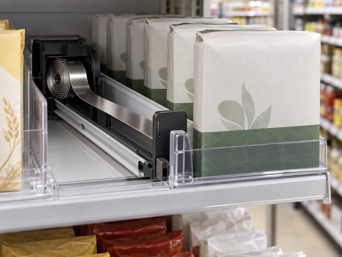 Constant Force Spring mechanism for retail shelf pusher system