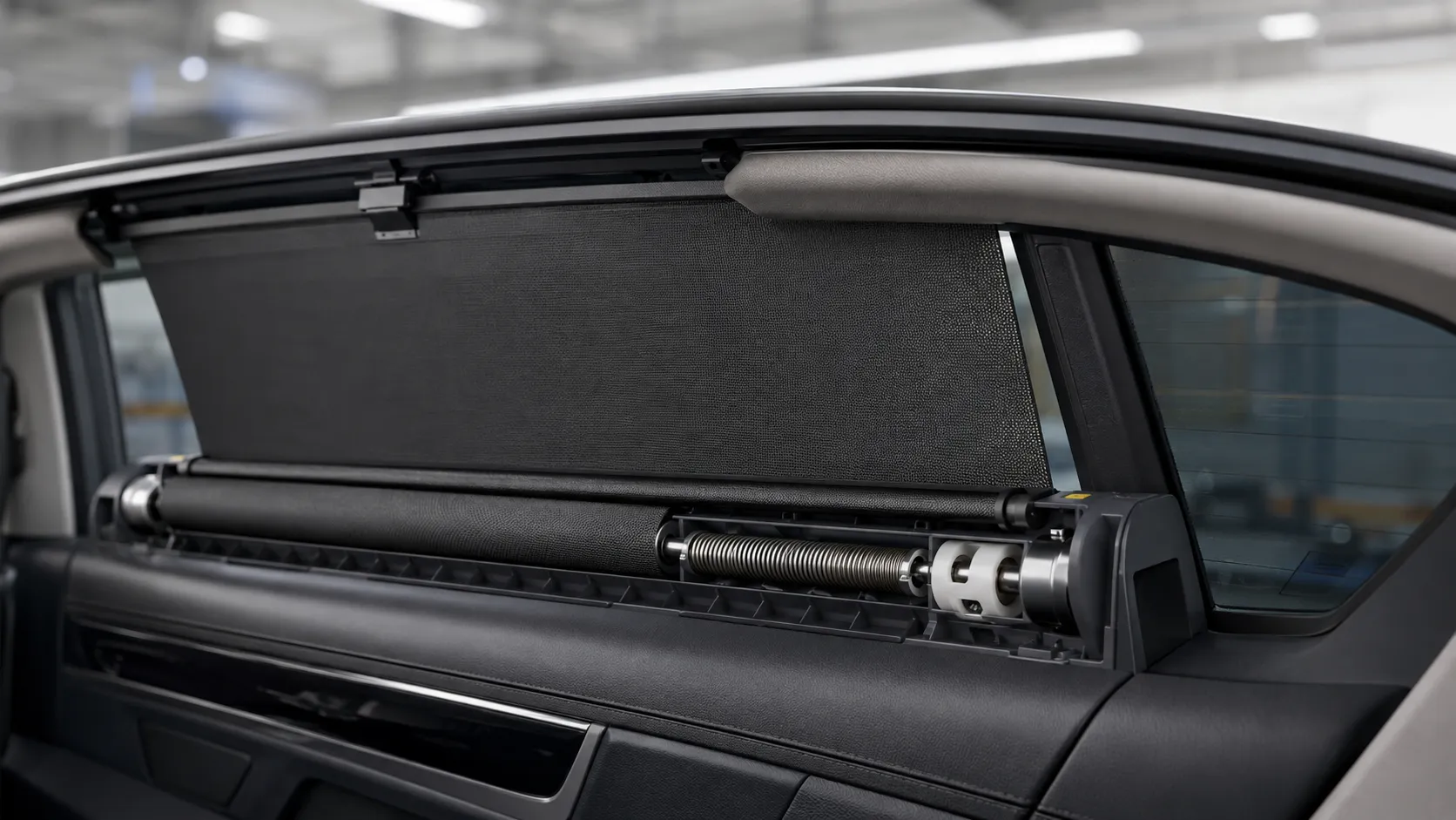 Power spring and roller mechanism in an automotive retractable sunshade