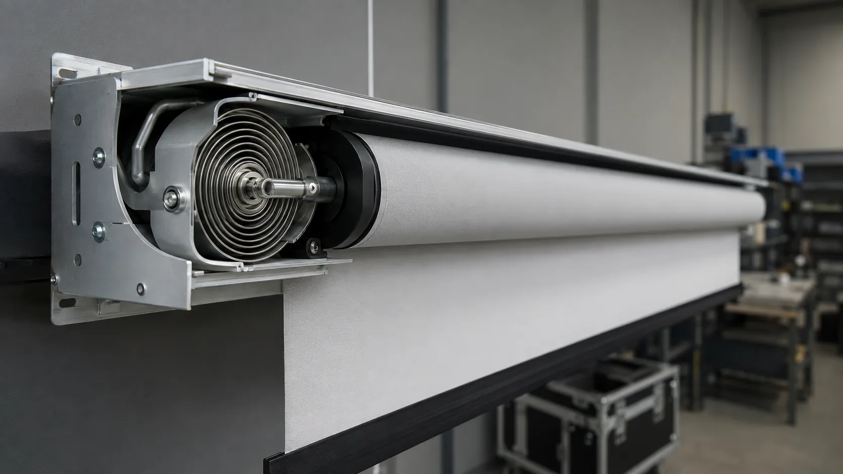 Power spring installed inside a retractable projection screen roller cassette