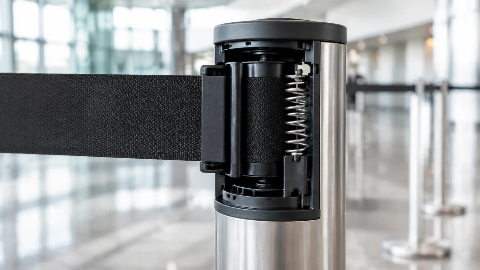 Power spring and belt spool inside a retractable safety barrier cassette
