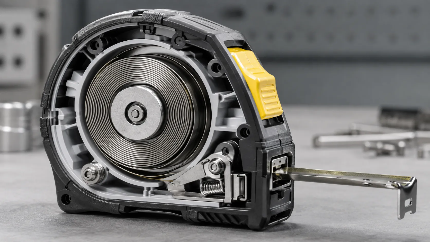 Coiled power spring and spool inside a tape measure housing