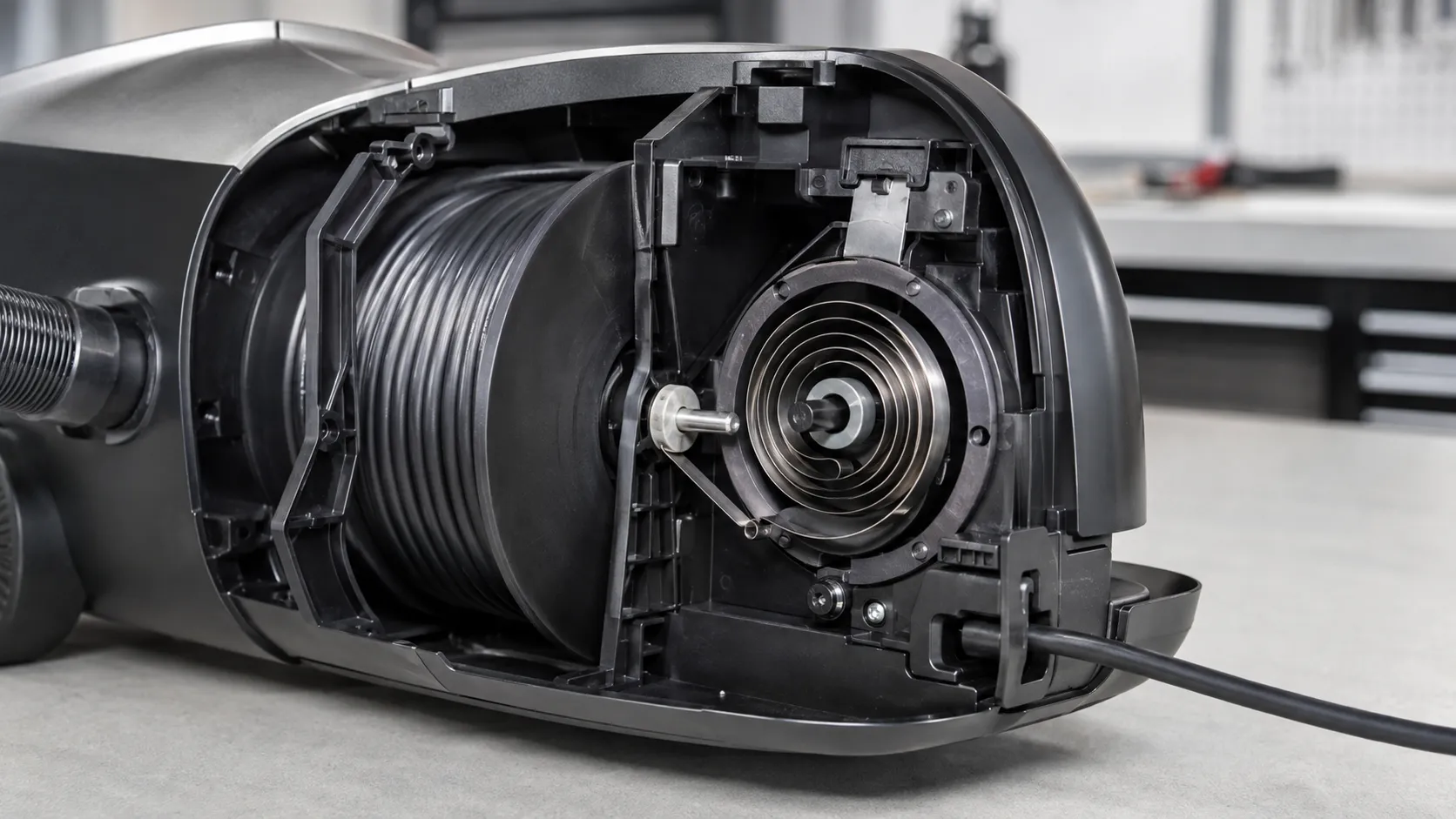 Power spring cassette inside a vacuum cleaner cord rewind mechanism