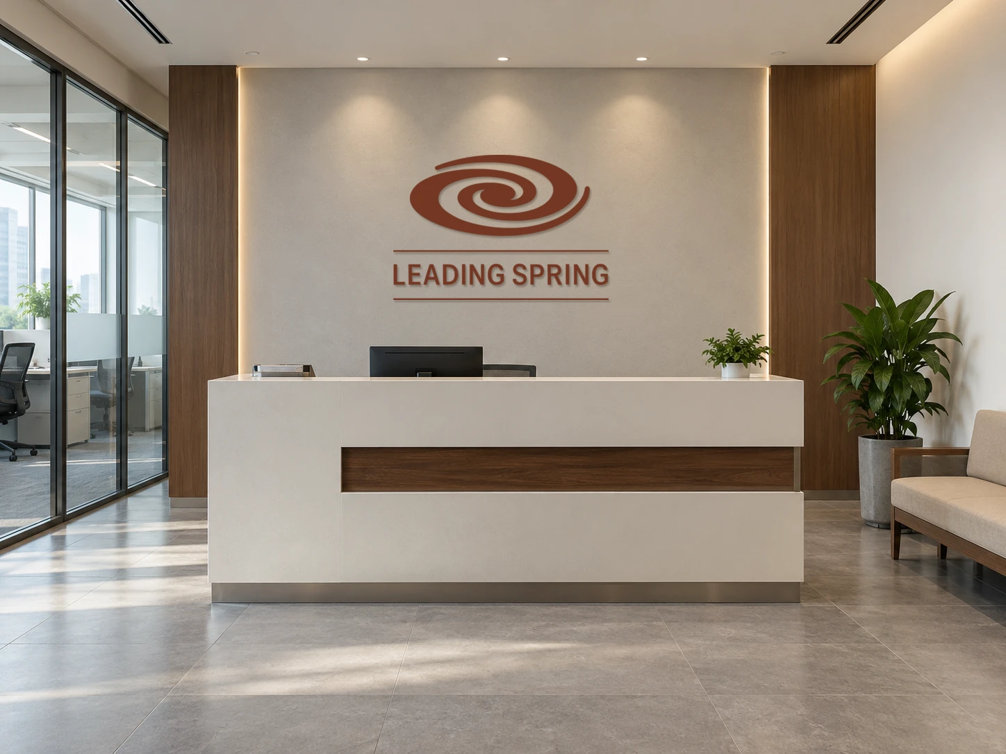 AI-generated reception concept featuring the original Leading Spring logo