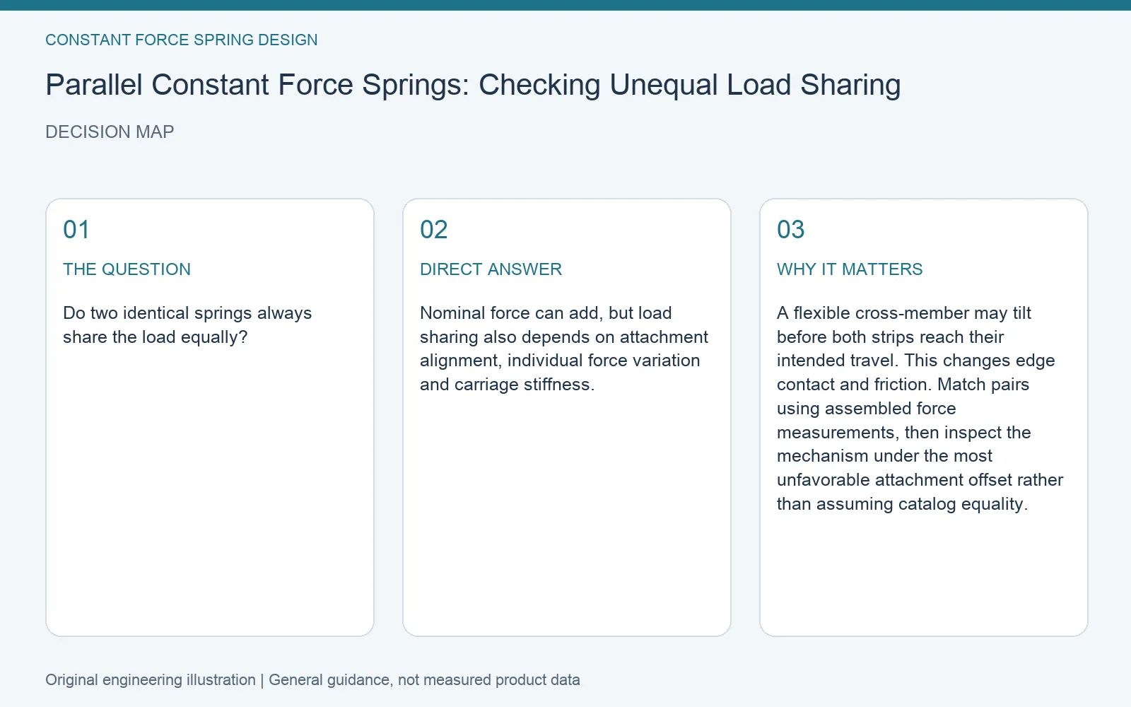 Decision map for parallel constant force spring load sharing: question, direct answer and engineering considerations