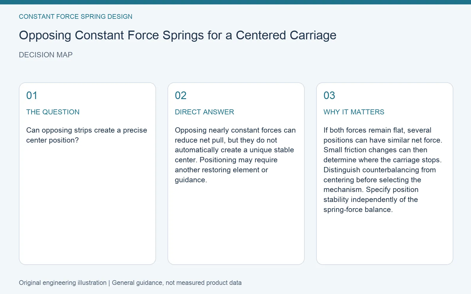 Decision map for opposing constant force springs carriage balance: question, direct answer and engineering considerations
