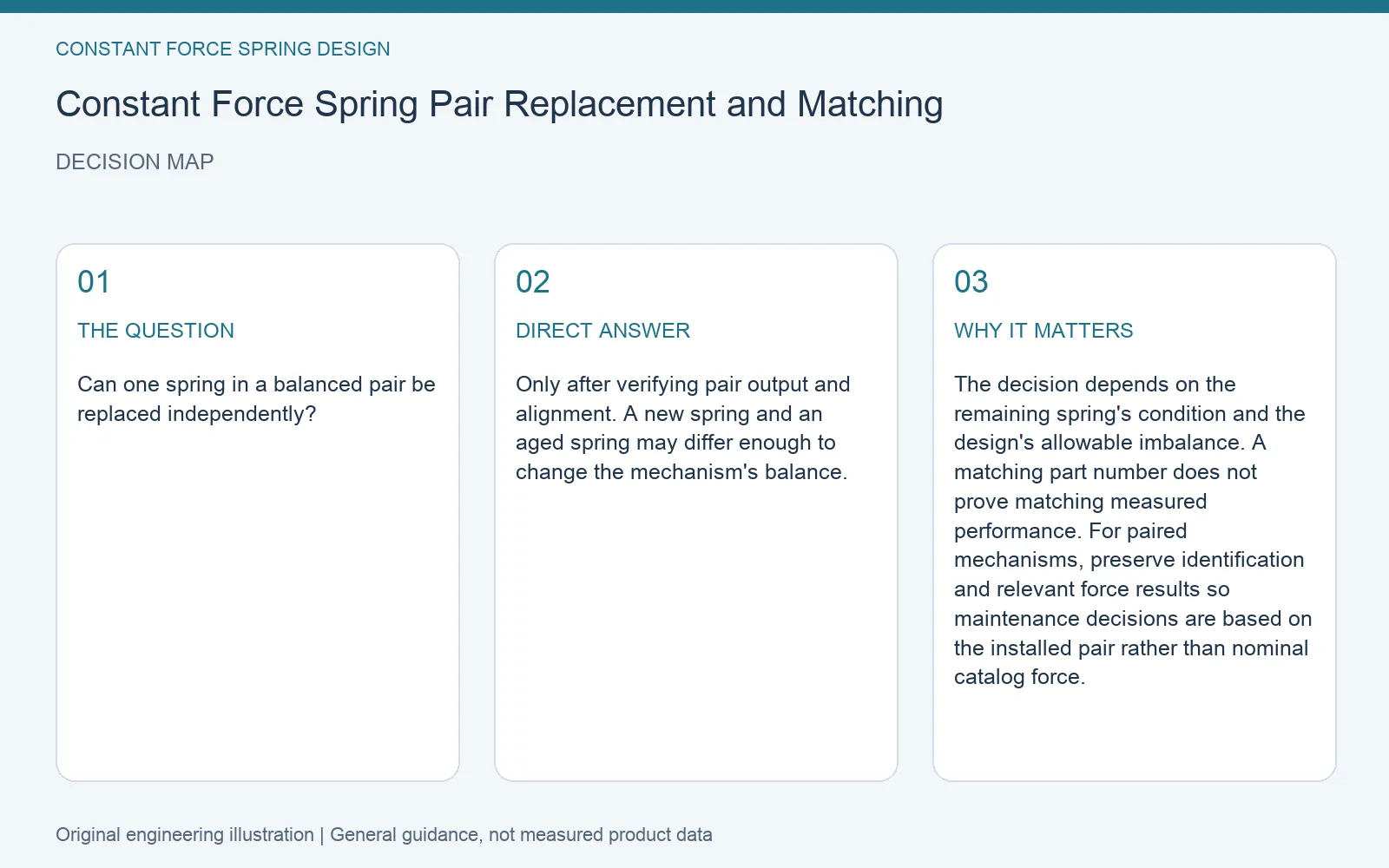 Decision map for constant force spring matched pair replacement: question, direct answer and engineering considerations
