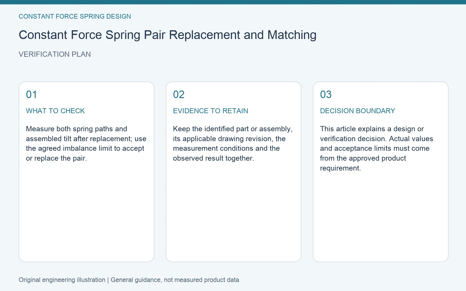Verification plan for constant force spring matched pair replacement: recommended check, retained evidence and decision boundary