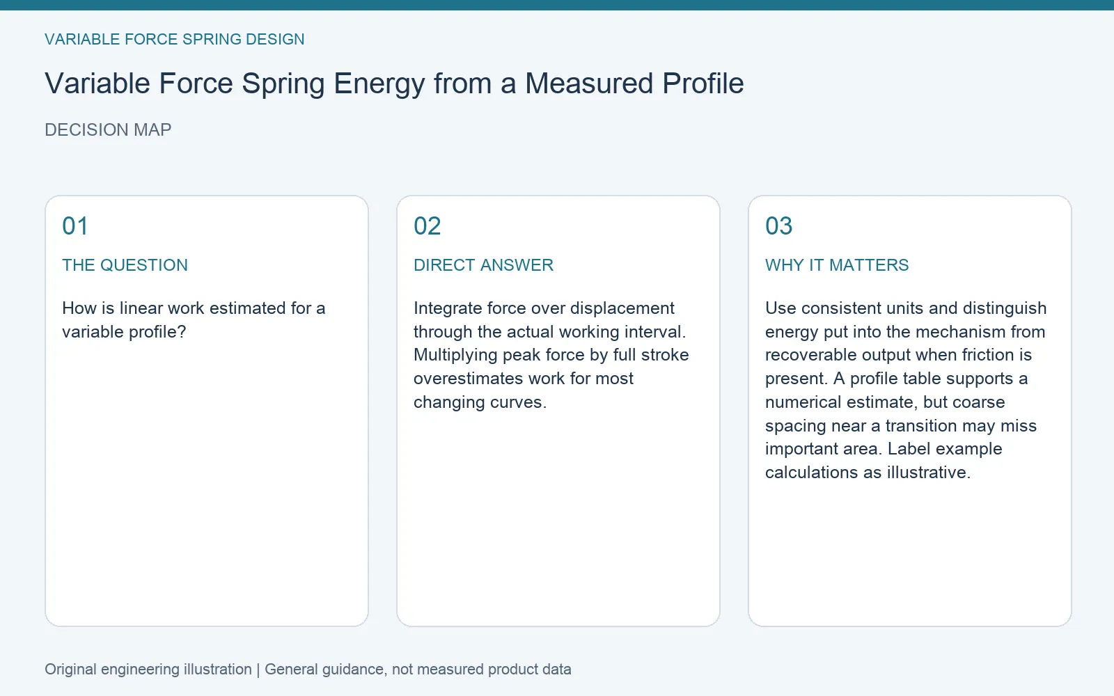 Decision map for variable force spring energy force displacement: question, direct answer and engineering considerations