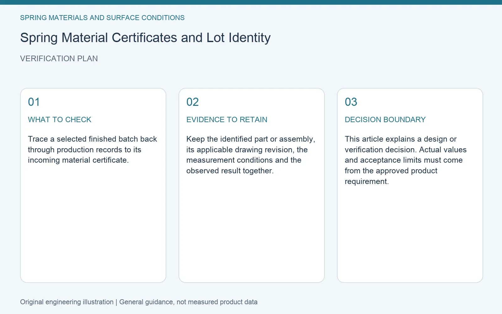 Verification plan for spring material certificate lot traceability: recommended check, retained evidence and decision boundary
