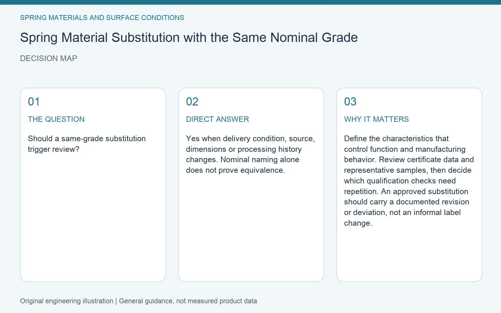 Decision map for spring material same grade substitution: question, direct answer and engineering considerations