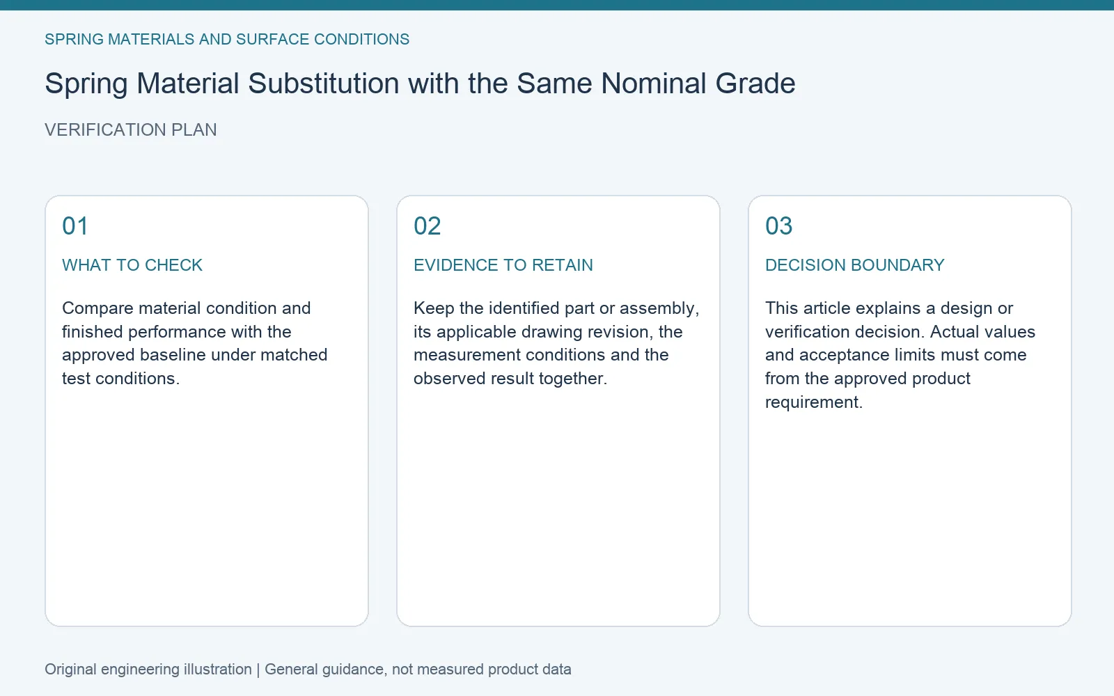 Verification plan for spring material same grade substitution: recommended check, retained evidence and decision boundary