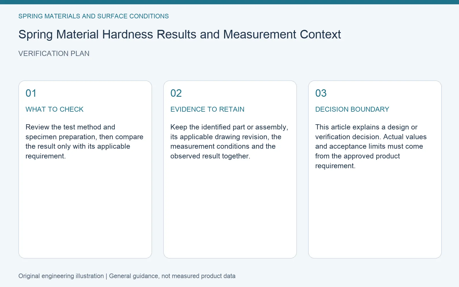Verification plan for spring strip hardness measurement context: recommended check, retained evidence and decision boundary