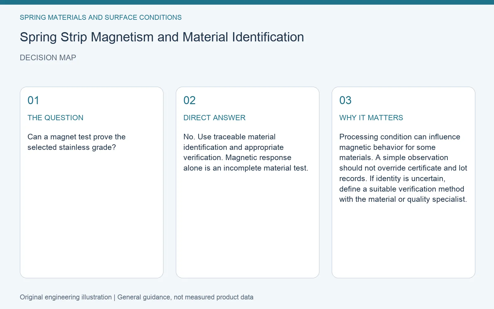 Decision map for spring strip magnetism material identification: question, direct answer and engineering considerations