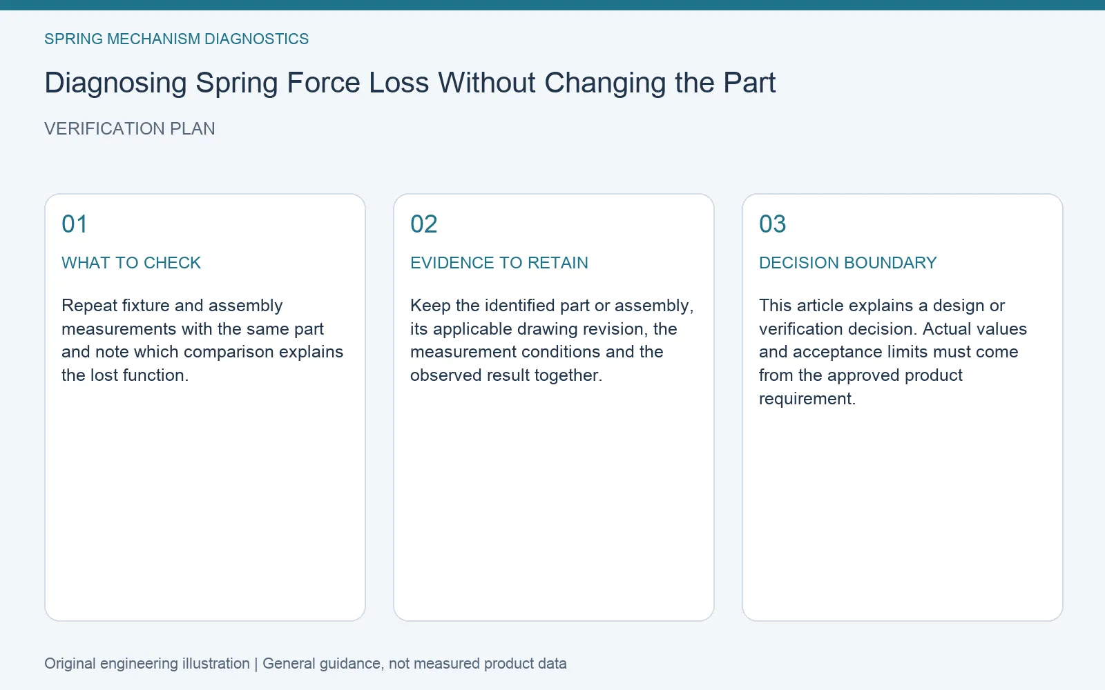 Verification plan for spring force loss diagnostic isolation: recommended check, retained evidence and decision boundary