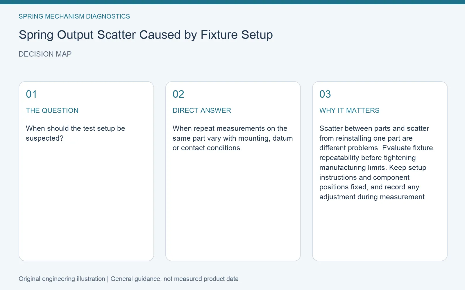Decision map for spring output scatter fixture setup: question, direct answer and engineering considerations