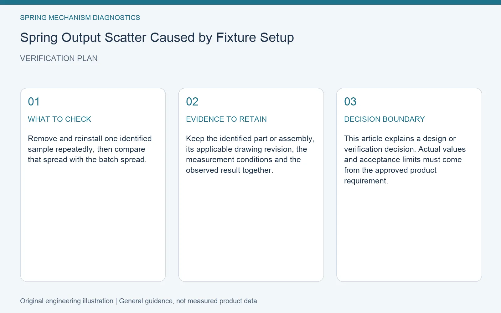 Verification plan for spring output scatter fixture setup: recommended check, retained evidence and decision boundary