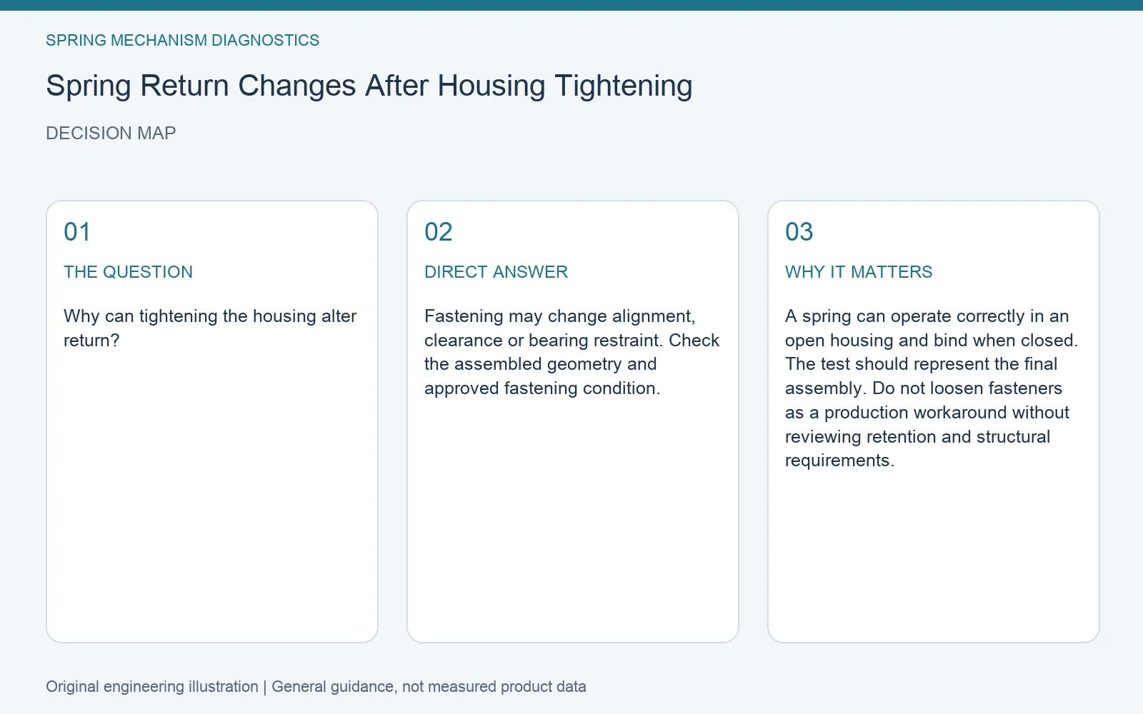 Decision map for spring return housing fastener effect: question, direct answer and engineering considerations