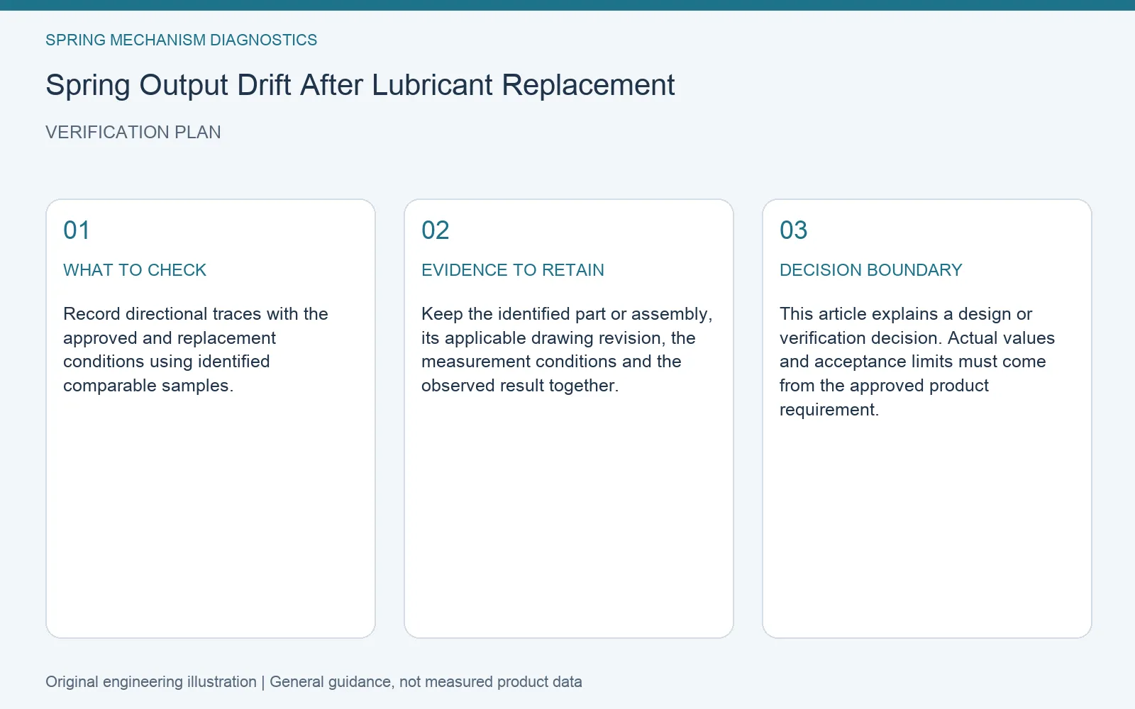 Verification plan for spring output lubricant change diagnosis: recommended check, retained evidence and decision boundary
