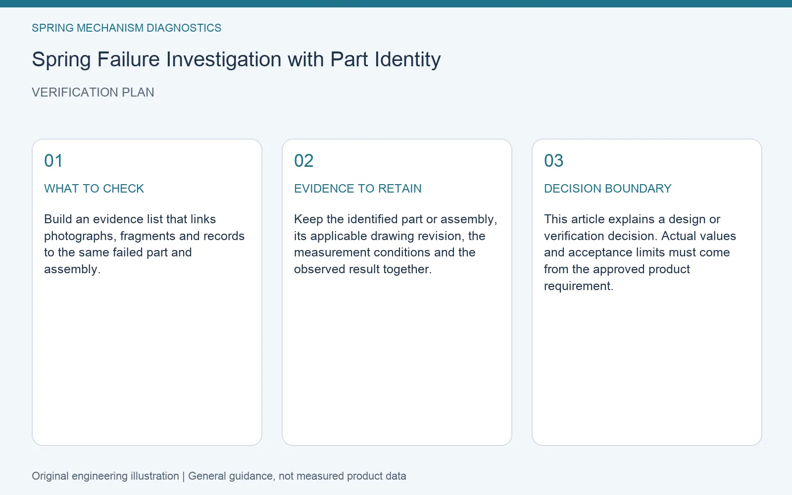 Verification plan for spring failure part identity evidence: recommended check, retained evidence and decision boundary