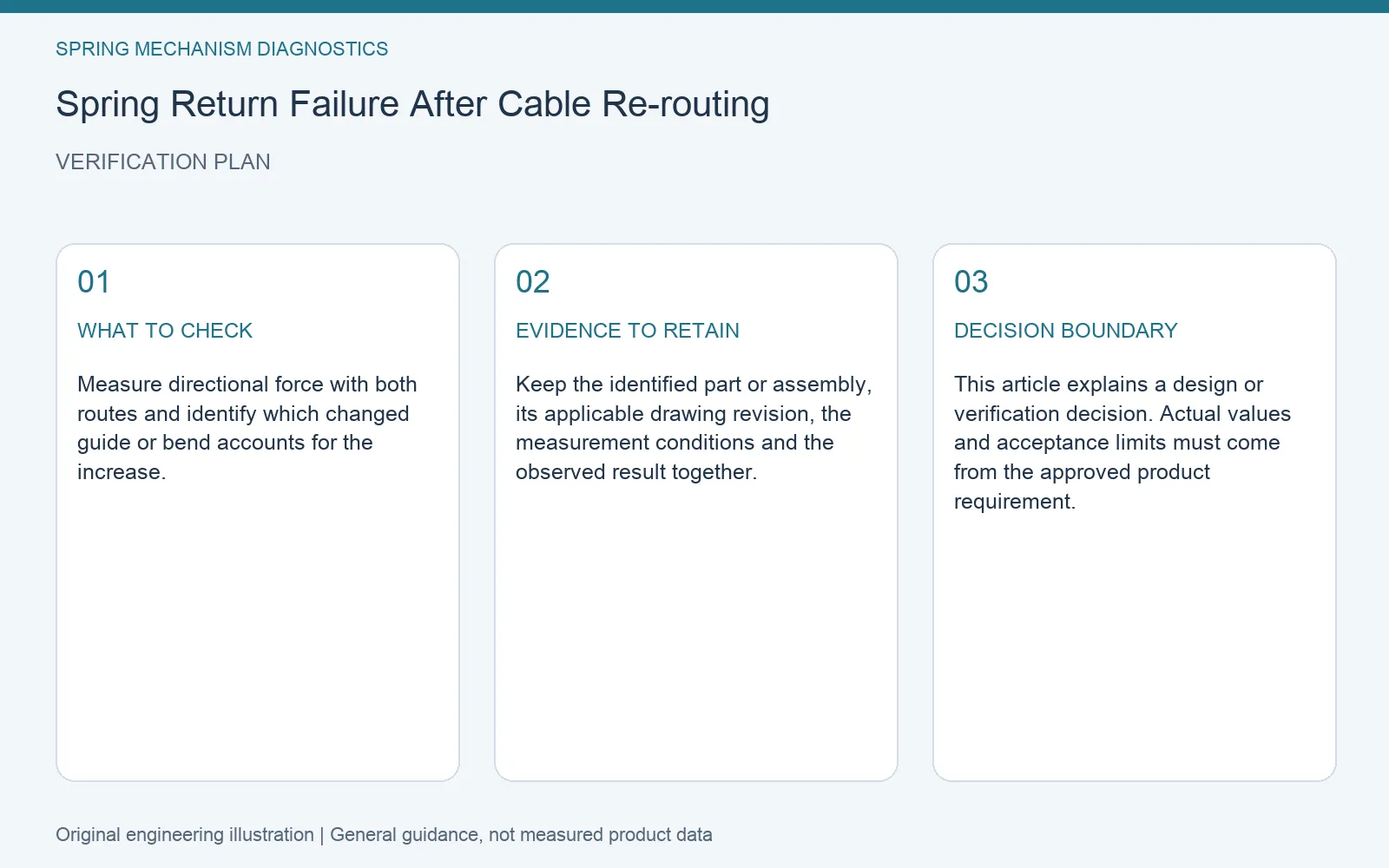 Verification plan for spring return cable reroute diagnosis: recommended check, retained evidence and decision boundary