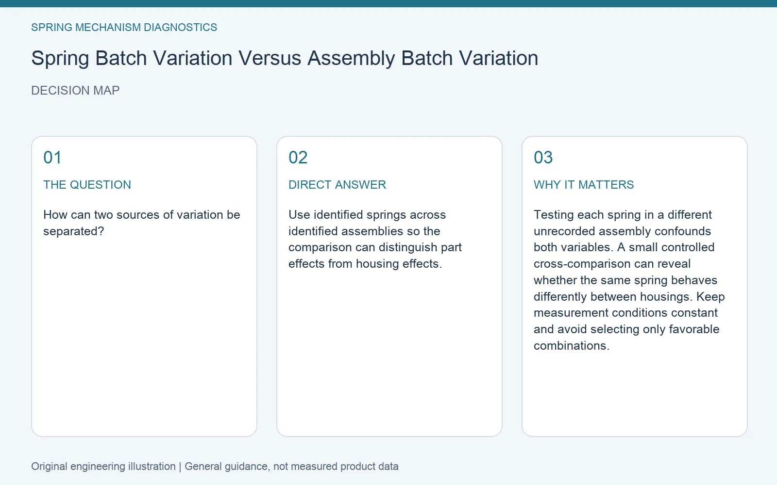 Decision map for spring batch assembly variation isolation: question, direct answer and engineering considerations