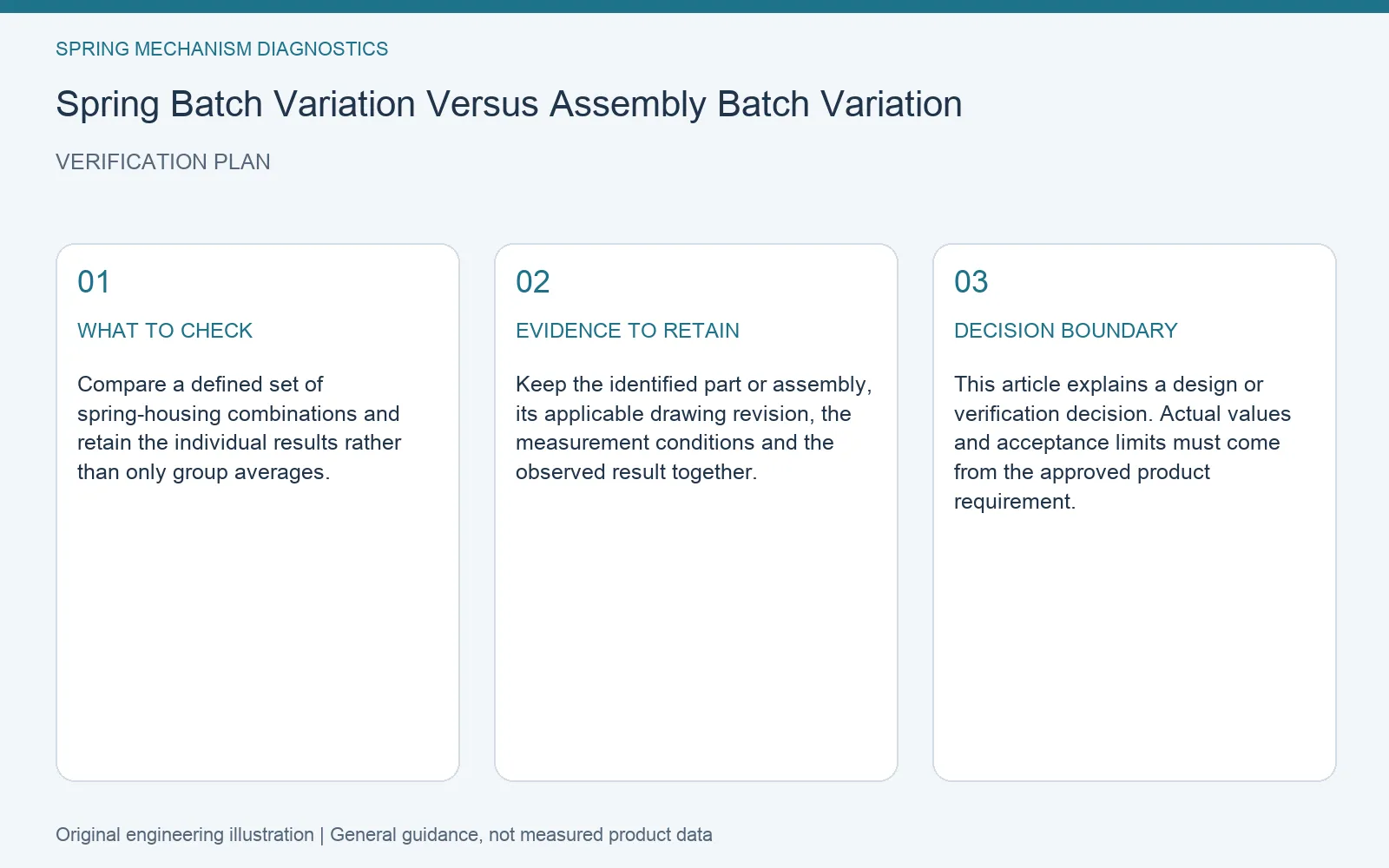 Verification plan for spring batch assembly variation isolation: recommended check, retained evidence and decision boundary