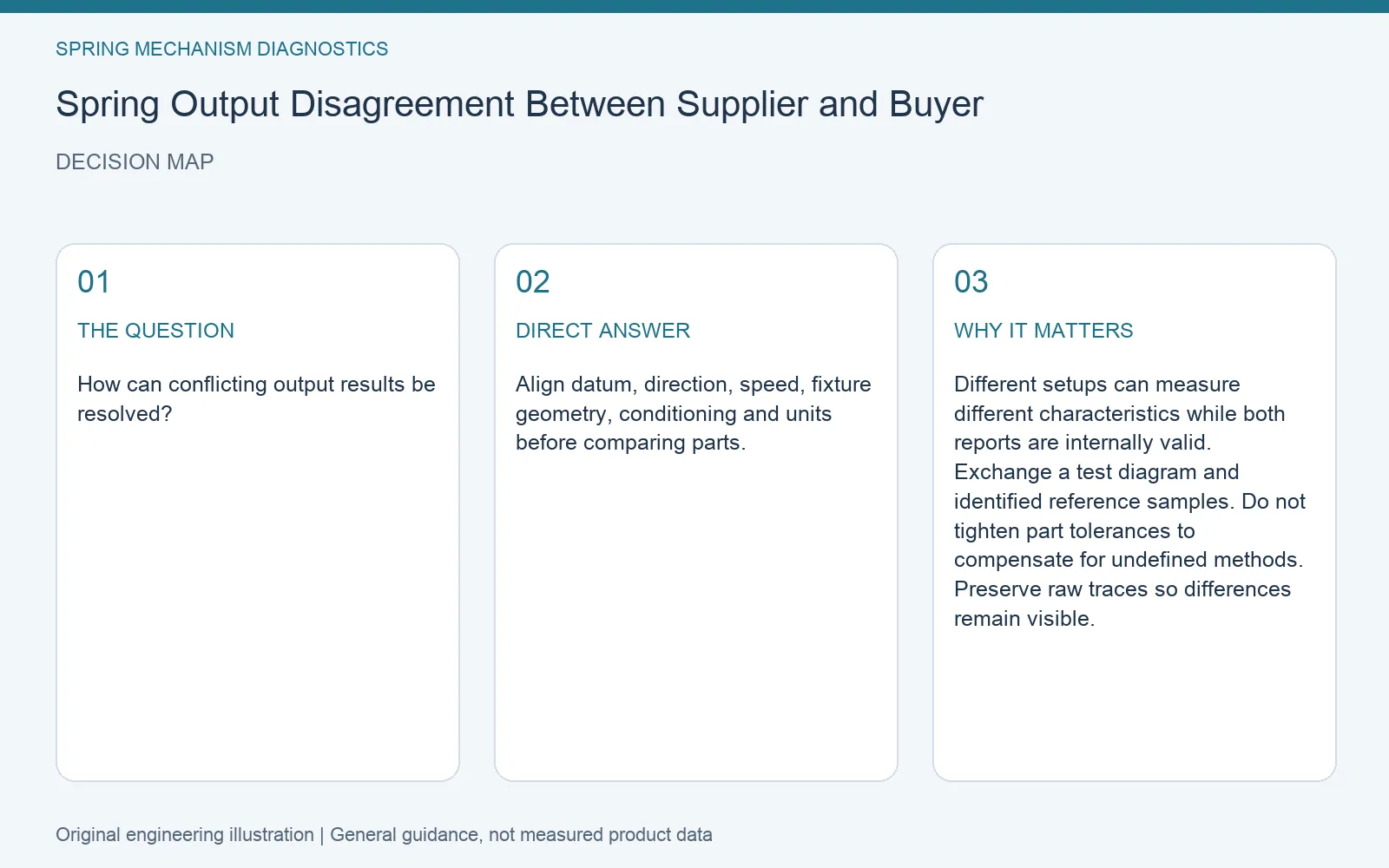 Decision map for spring measurement supplier buyer disagreement: question, direct answer and engineering considerations