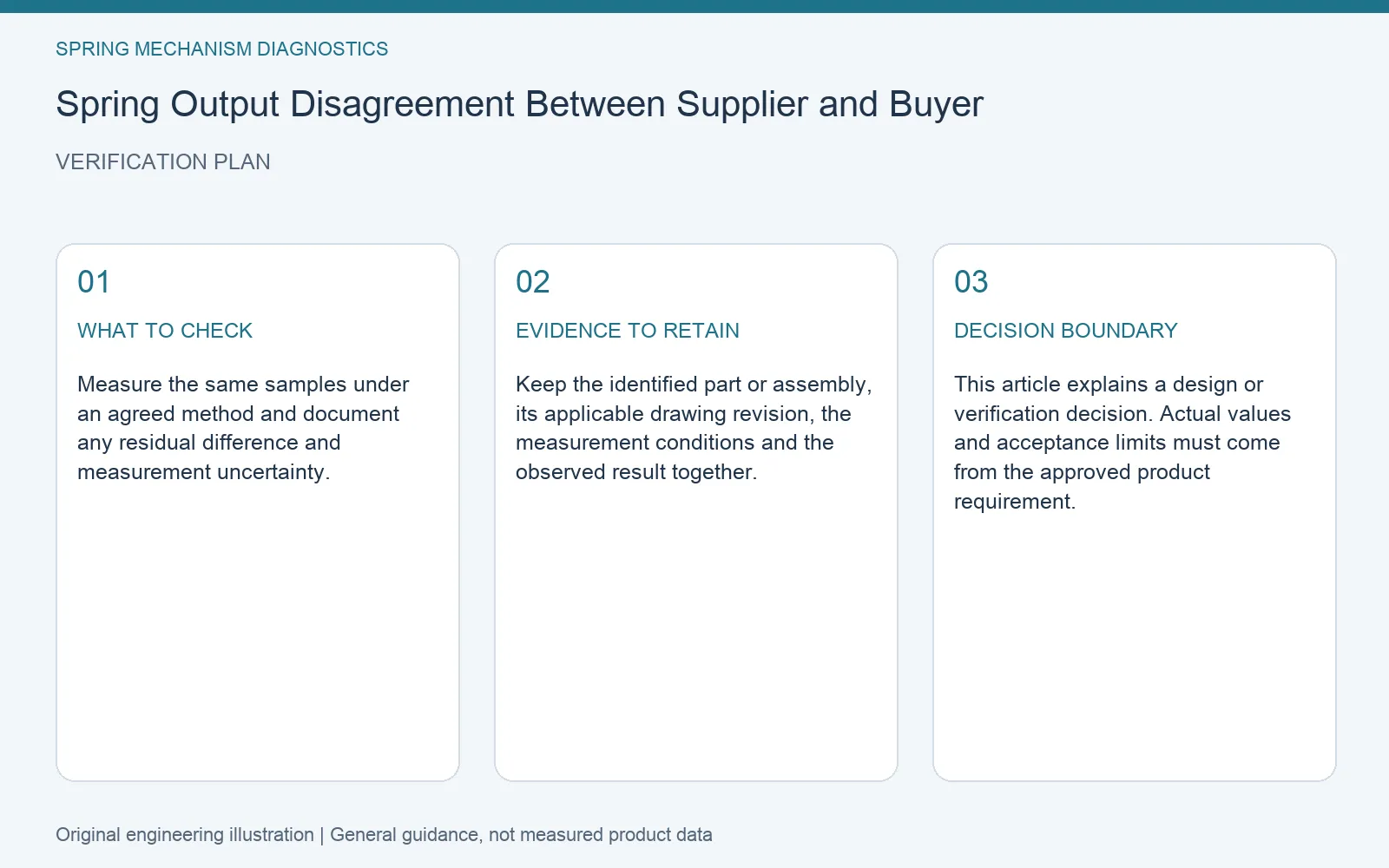Verification plan for spring measurement supplier buyer disagreement: recommended check, retained evidence and decision boundary