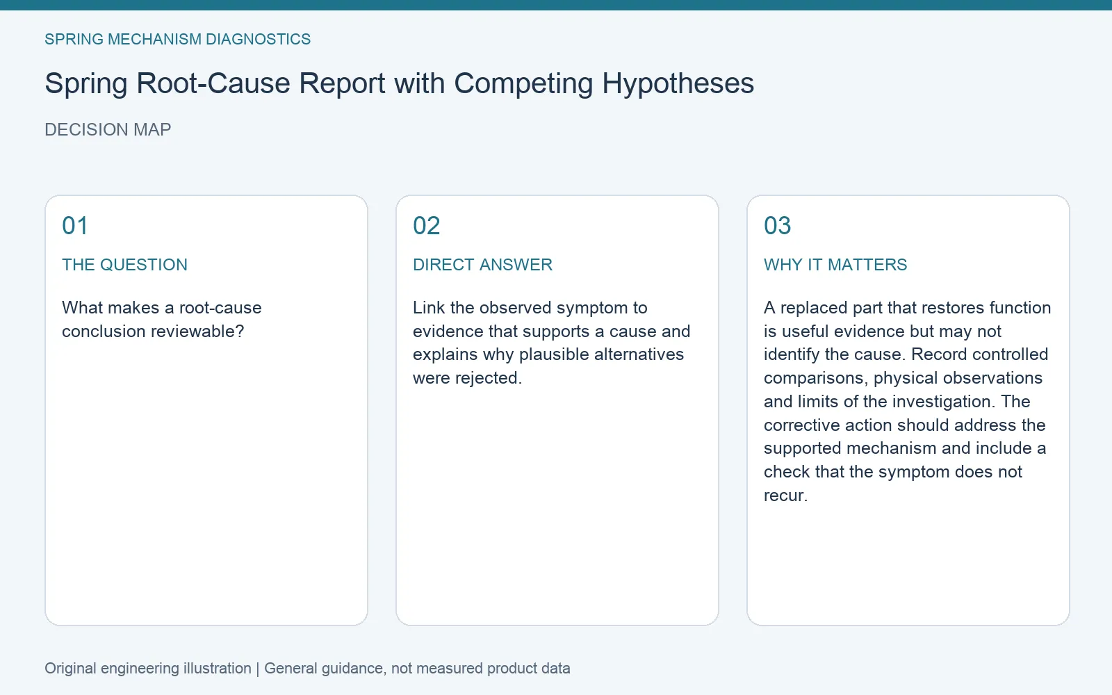 Decision map for spring root cause evidence report: question, direct answer and engineering considerations