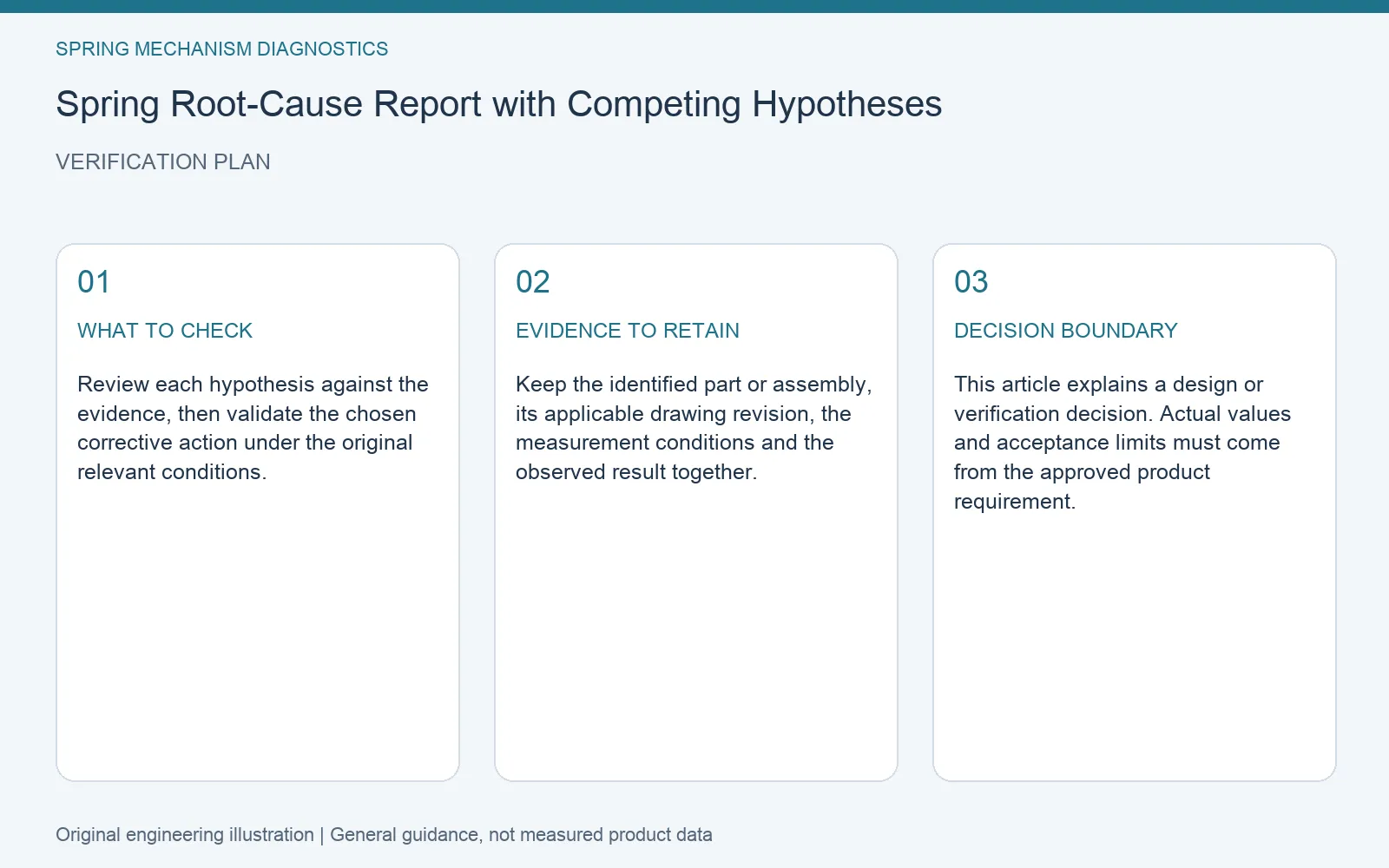 Verification plan for spring root cause evidence report: recommended check, retained evidence and decision boundary