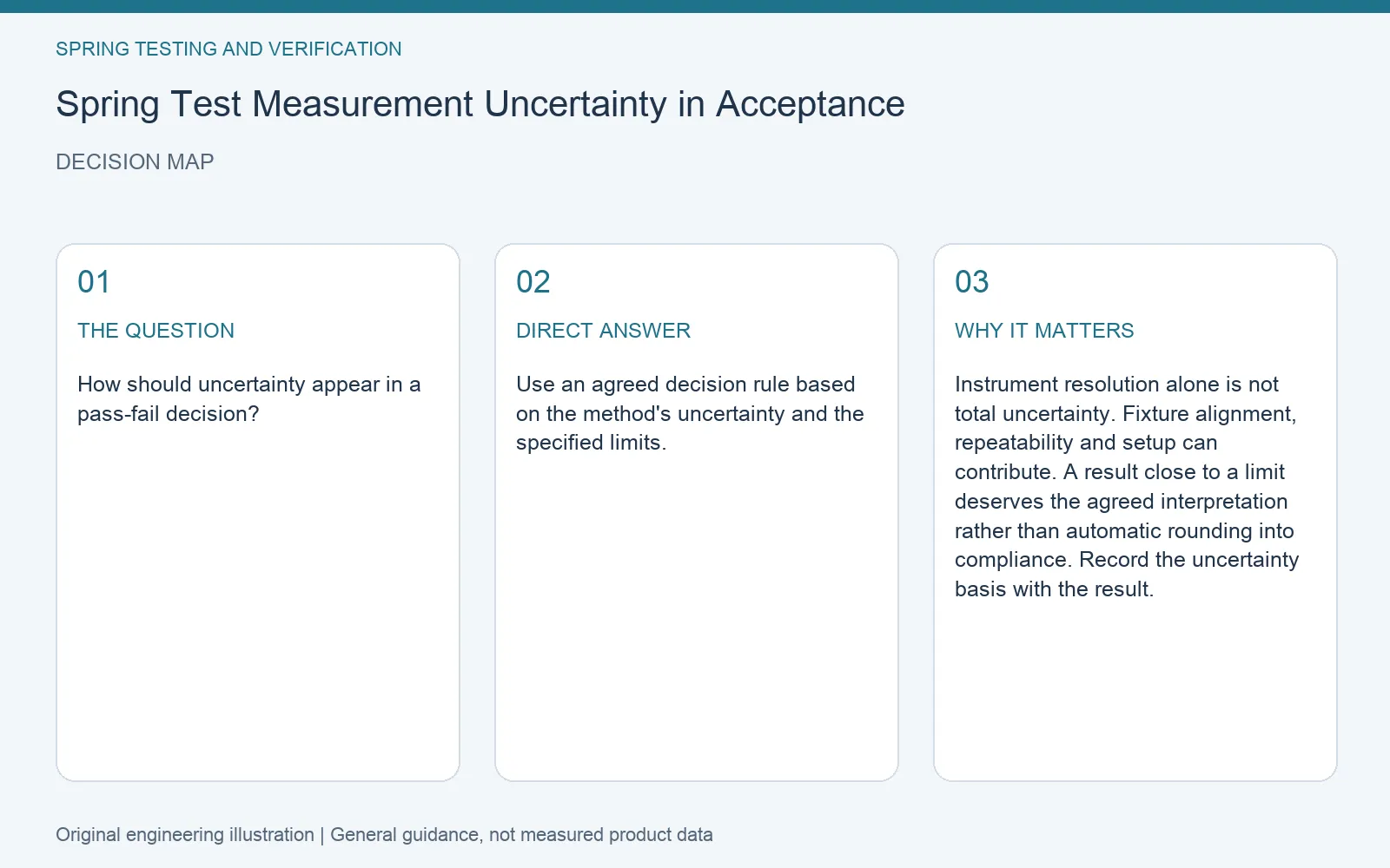 Decision map for spring test measurement uncertainty acceptance: question, direct answer and engineering considerations