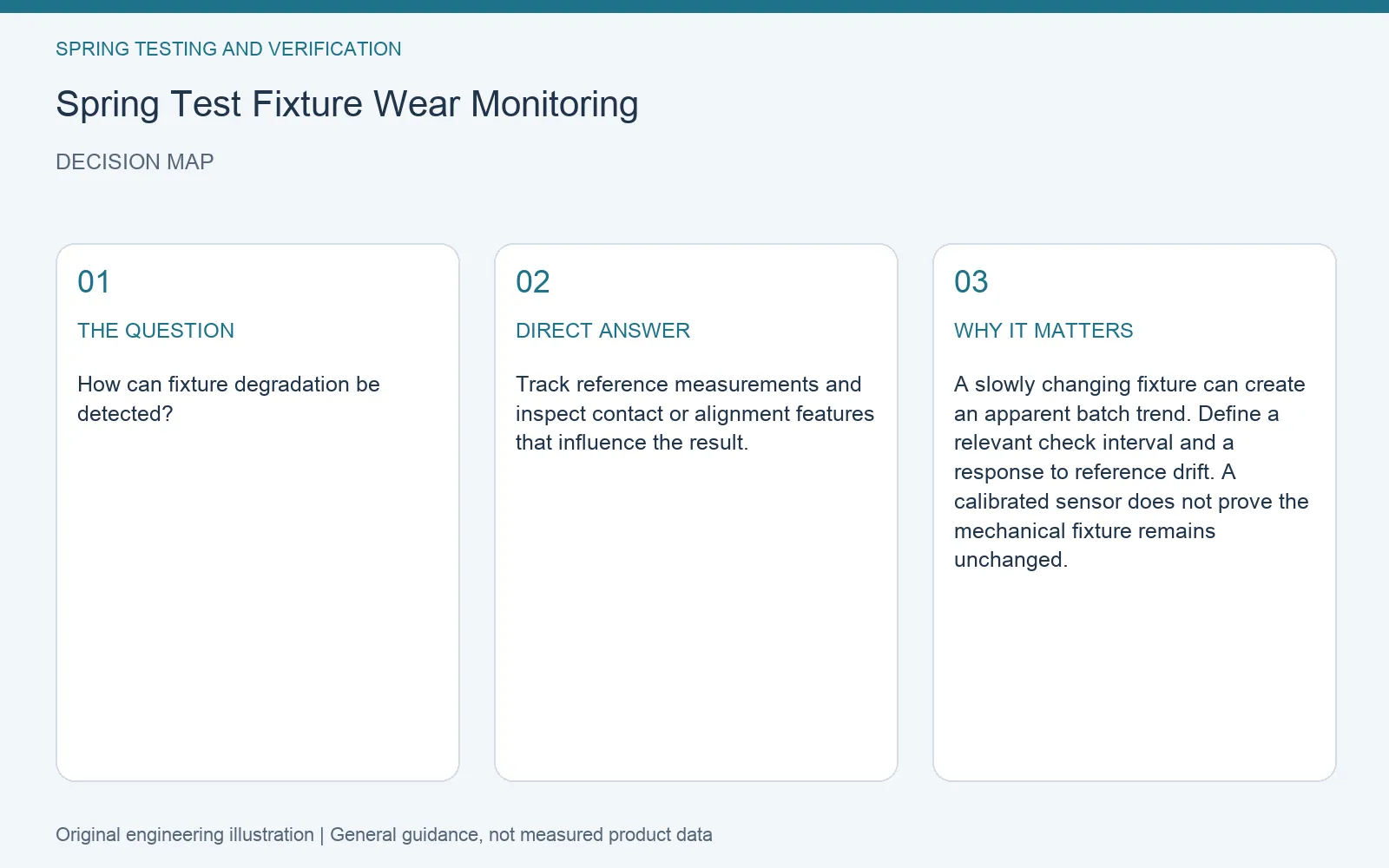 Decision map for spring test fixture wear monitoring: question, direct answer and engineering considerations
