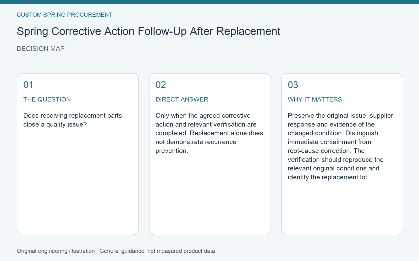 Decision map for spring corrective action replacement verification: question, direct answer and engineering considerations