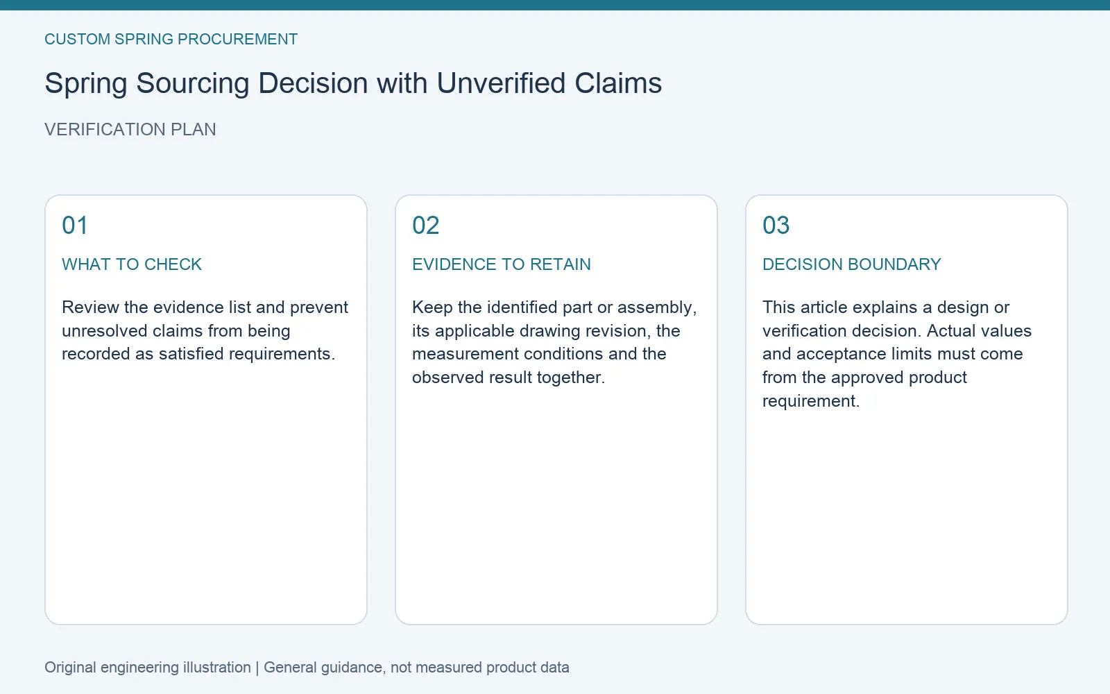 Verification plan for spring sourcing unverified claims: recommended check, retained evidence and decision boundary